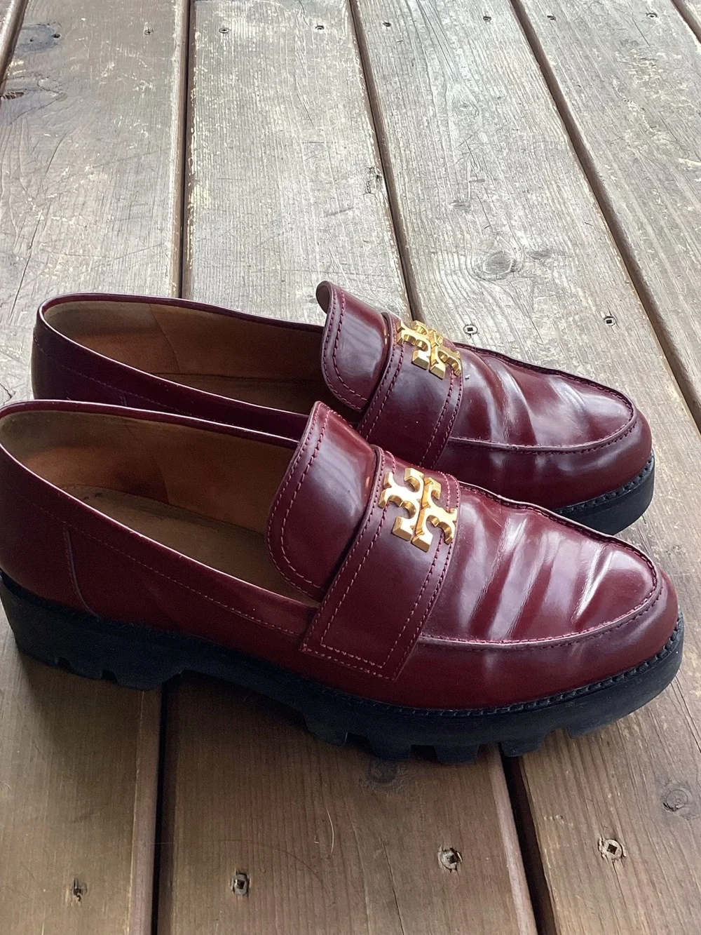 Tory Burch Everly Chunky Leather Lug Loafers Logo Burgundy Shoes , 11